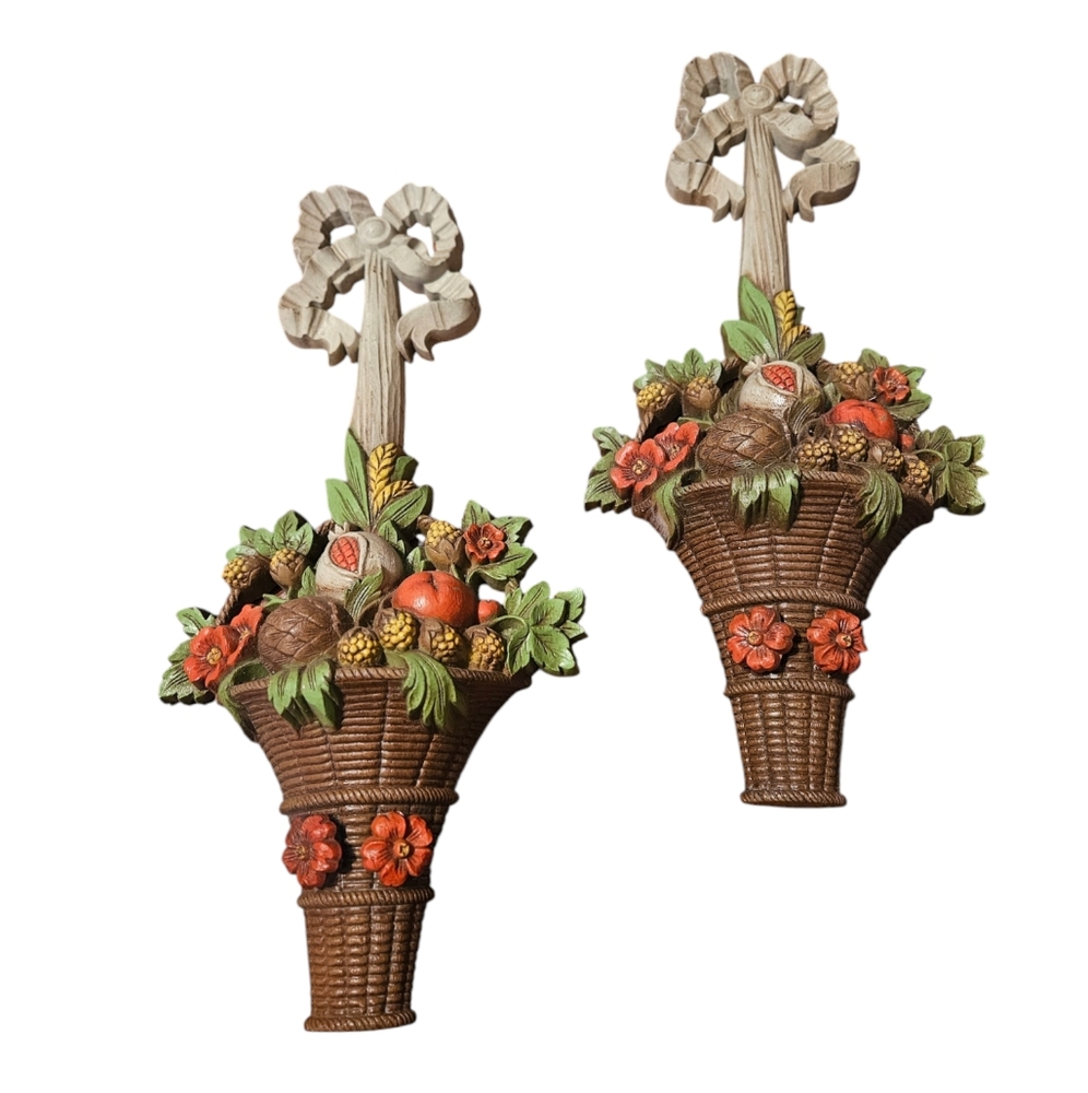 Vintage Burwood Wall Plaques Basquet Fruit Flower Leaves